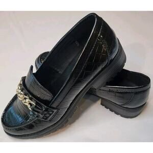 Old Navy Loafers Women 8.5 Black Croc Faux Leather Chunky Heel Gold Accent Strap